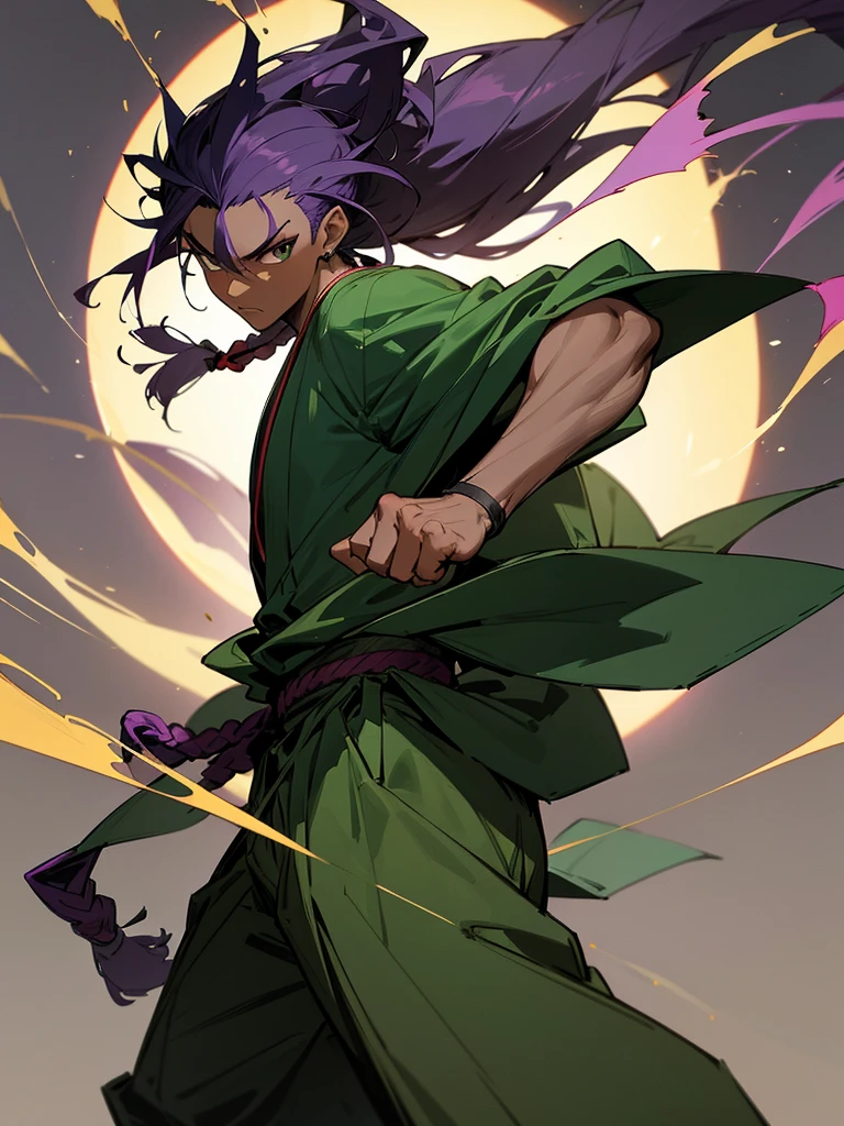 Anime art: Stands in a fighting stance: Anime character: Young guy, dark skin, Long purple hair, smoothed back, dreadlock mohawk hairstyle, dressed in a large green baggy kimono, light gray energy in the form of silhouettes of fists similar to smoke. Realistic detailed style high detail, Drawing.