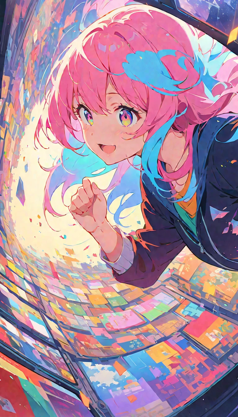 anime style, Ultra-fine illustrations, highly detailed, Dynamic Angle, beautiful detailed, 8k, In front of many CRT TVs, break various programs are being broadcasted. A woman stares at them, break smiling amidst the colorful scenes.(Highest quality、masterpiece、High resolution、detailed)animeスタイル、Flat Style、(Shining Eyes、detailed美しい顔),  break,Dynamic Angle、anime