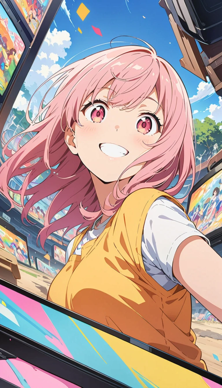 anime style, Ultra-fine illustrations, highly detailed, Dynamic Angle, beautiful detailed, 8k, In front of many CRT TVs, break various programs are being broadcasted. A woman stares at them, break smiling amidst the colorful scenes.(Highest quality、masterpiece、High resolution、detailed)animeスタイル、Flat Style、(Shining Eyes、detailed美しい顔),  break,Dynamic Angle、anime