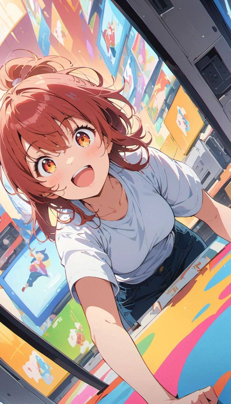 anime style, Ultra-fine illustrations, highly detailed, Dynamic Angle, beautiful detailed, 8k, In front of many CRT TVs, break various programs are being broadcasted. A woman stares at them, break smiling amidst the colorful scenes.(Highest quality、masterpiece、High resolution、detailed)animeスタイル、Flat Style、(Shining Eyes、detailed美しい顔),  break,Dynamic Angle、anime