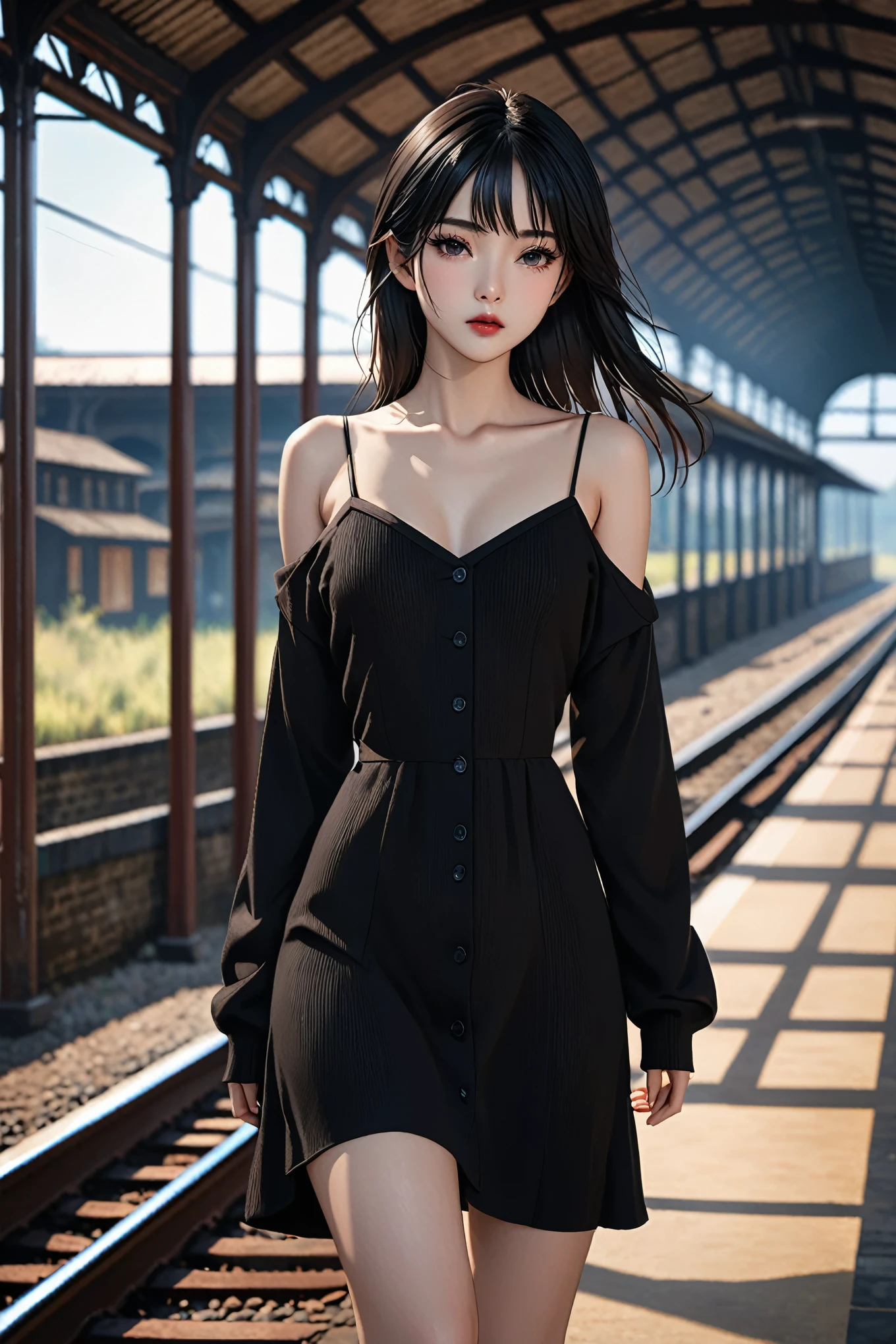a girl,cute and pretty face,Long straight black hair,Long bangs covering eyes,long eyelashes,(Fine eyes),small eyes,(half-closed eyes),(Dark lipstick),(Dark eyeshadow),Slim body,Slender limbs,beautiful legs,Black spaghetti strap dress,Dark knitted buttoned oversized long sleeve jacket,Inside an old railway station,Look into the distance,Depth of Field,Ultra-detailed faces,very beautiful face,Extremely high quality skin,Rich textured skin,RAW photo,Realism anime,