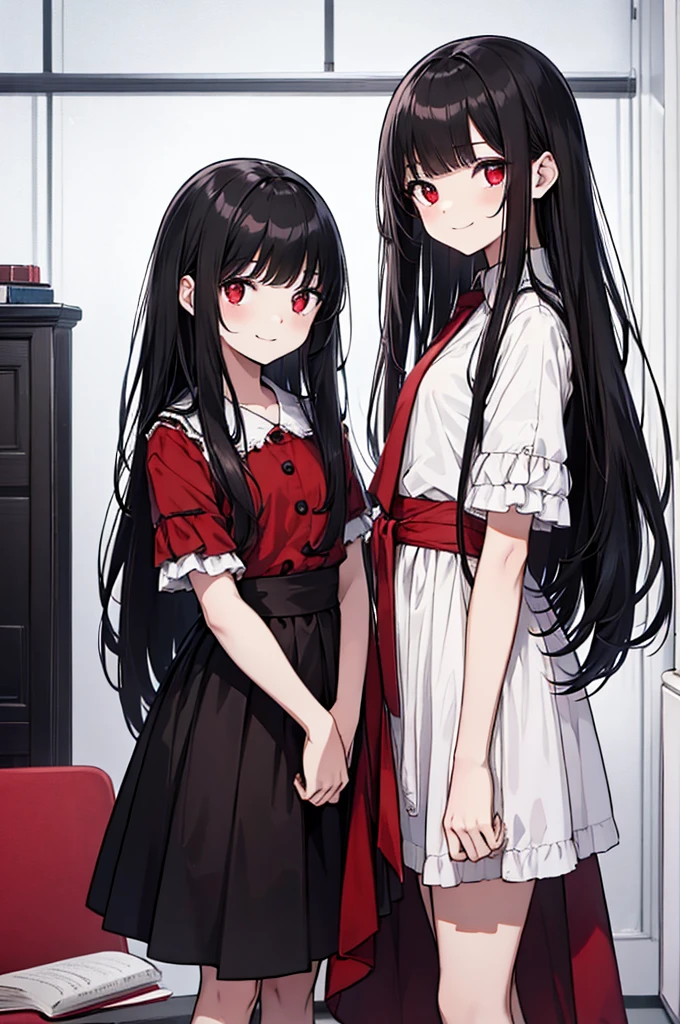 A ???, long straight black hair, long bangs, crimson red eyes, small, cute, short, background in a room, sweet smile and innocent