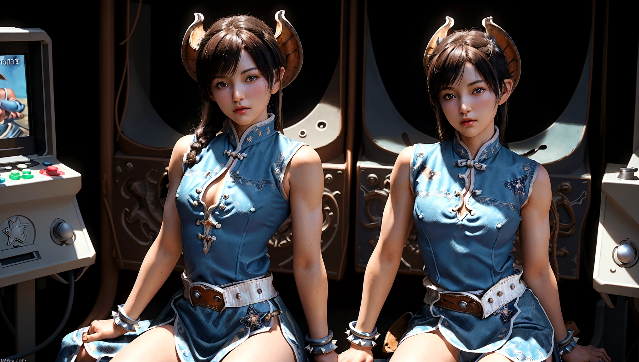 (ultra high quality), detailed face, high resolution, ((masterpiece)), ((best quality)), ((ultra detailed)), delicate, (ultra realistic), ((extremely detailed)), depth of field , ((cowboy shot: 1.4)), ((2girl)), group, sitting on the floor, ((varied poses)), elementary girl, loly, short stature, small breazt, ((without bra)), small build, varied poses, looking at the viewer, ((intricate arcade machines)),A row of arcade style machines sitting in a row in a video game room, game controller, game console, controller, television, short sleeve, sleeveless clothing, ((white waistband)),((Chun Li))), SF2CL, bows, covered bows, Chinese dress, qipao, blue suit, spiked bracelets, puff sleeves, brown pantyhose, white belt, white boots,flat chested, flat stomach, tiny body, small stature