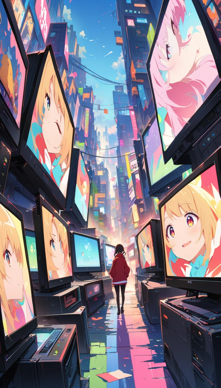 anime style, Ultra-fine illustrations, highly detailed, Dynamic Angle, beautiful detailed, 8k, In front of many CRT TVs, break various programs are being broadcasted. A woman stares at them, break smiling amidst the colorful scenes.(Highest quality、masterpiece、High resolution、detailed)animeスタイル、Flat Style、(Shining Eyes、detailed美しい顔),  break,Dynamic Angle、anime