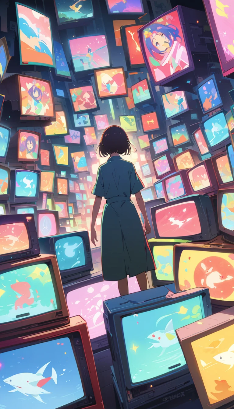 anime style, Ultra-fine illustrations, highly detailed, Dynamic Angle, beautiful detailed, 8k, In front of many CRT TVs, break various programs are being broadcasted. A woman stares at them, break smiling amidst the colorful scenes.(Highest quality、masterpiece、High resolution、detailed)animeスタイル、Flat Style、(Shining Eyes、detailed美しい顔),  break,Dynamic Angle、anime