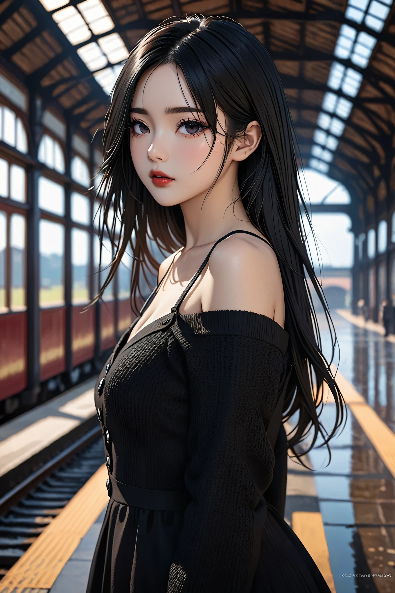 a girl,cute and pretty face,Long straight black hair,Long bangs covering eyes,long eyelashes,(Fine eyes),small eyes,(half-closed eyes),(Dark lipstick),(Dark eyeshadow),Slim body,Slender limbs,beautiful legs,Black spaghetti strap dress,Dark knitted buttoned oversized long sleeve jacket,Inside an old railway station,Look into the distance,Depth of Field,Ultra-detailed faces,very beautiful face,Extremely high quality skin,Rich textured skin,RAW photo,Realism anime,
