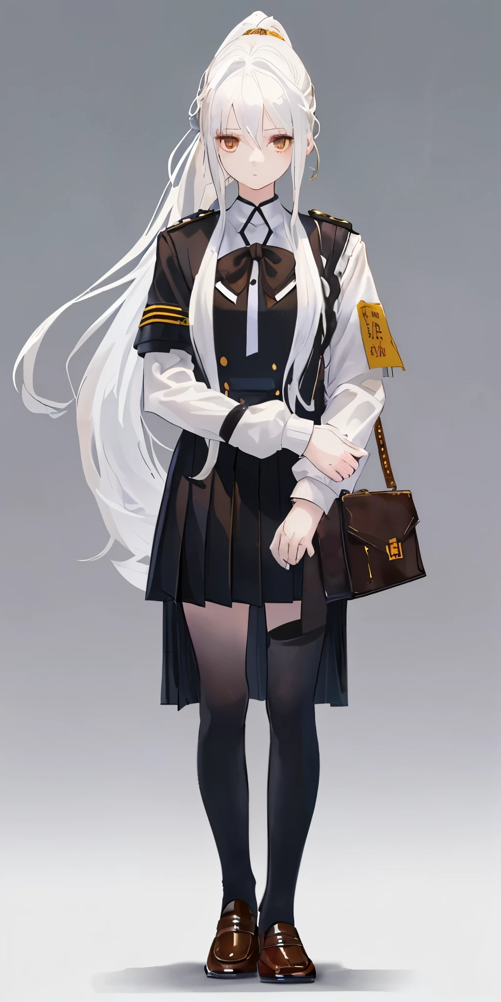 masterpiece,high quality,a girl,solo,white background,white hair,Female high school student,indifferent eyes,cold,big chest,long white hair,ponytail braid,gold and black JK school uniform,standing posture,chest-hugging action,brown leather shoes,