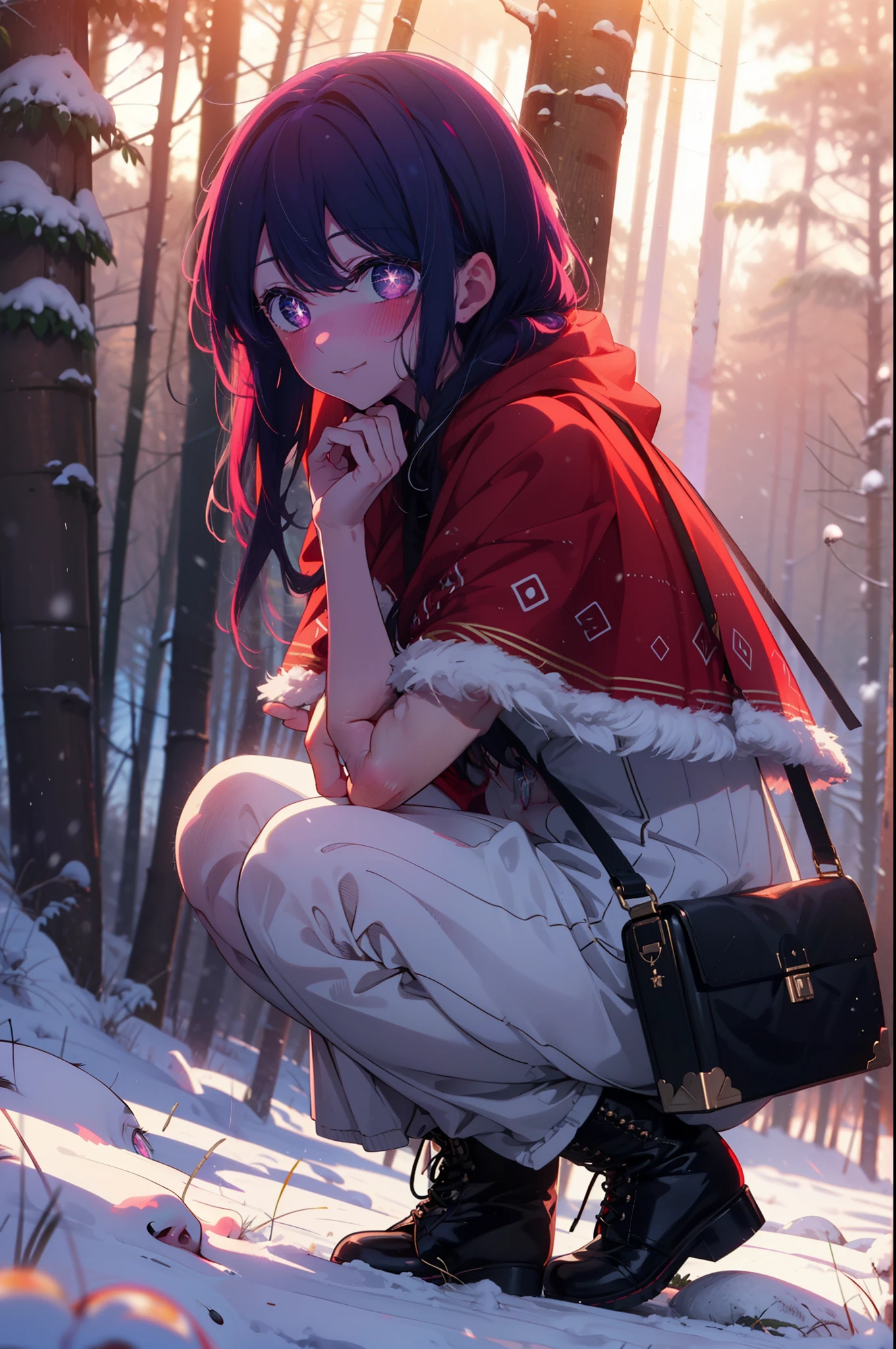 aihoshino, ai hoshino, Long Hair, bangs, (Purple eyes:1.1), Purple Hair, (Symbol-shaped pupil:1.5), smile,,smile,blush,White Breath,
Open your mouth,snow,Ground bonfire, Outdoor, boots, snowing, From the side, wood, suitcase, Cape, Blurred, , forest, White handbag, nature,  Squat, Mouth closed, Cape, winter, Written boundary depth, Black shoes, red Cape break looking at viewer, Upper Body, whole body, break Outdoor, forest, nature, break (masterpiece:1.2), Highest quality, High resolution, unity 8k wallpaper, (shape:0.8), (Beautiful and beautiful eyes:1.6), Highly detailed face, Perfect lighting, Extremely detailed CG, (Perfect hands, Perfect Anatomy),