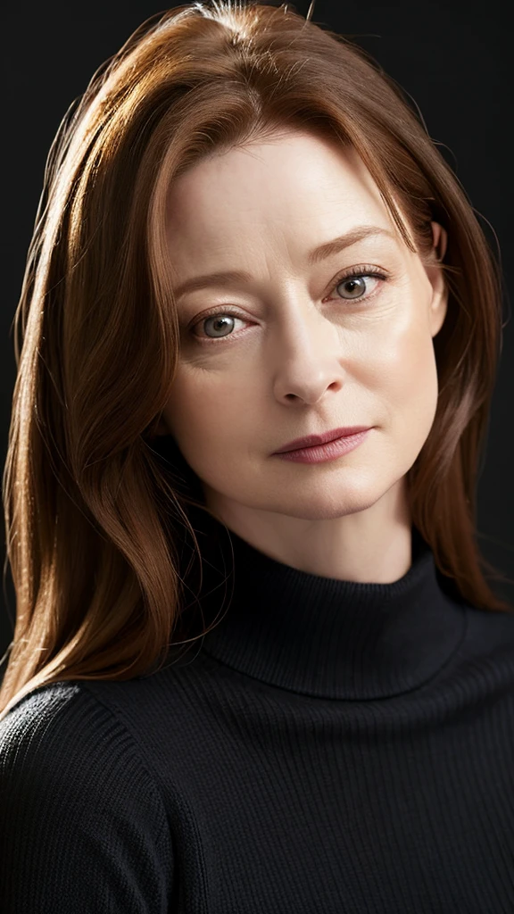 RAW, una mujer,37 years old , ( SFW),looking to the camera, wears V-Neck Ribbed Knit Sweater , unisex thermal ski pants, [ gran detalle: ( ojos :Miranda otto),( Eyelids : vesper lynd),(between eyebrows:vesper lynd),(cejas : Vesper lynd),(frente: vesper lynd),(nariz:Miranda Otto),(boca: Miranda Otto),(jawline: Miranda Otto), ( jaw angle: Vesper lynd) ,( pechos: Vesper lynd)],American plane,black background
