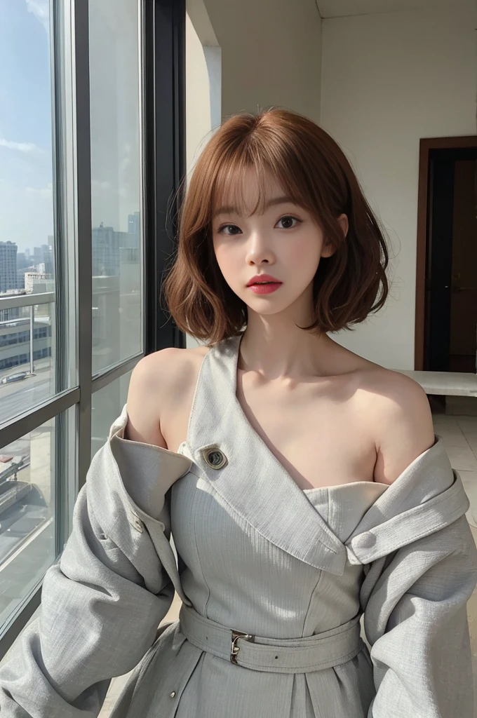 Photorealistic and high quality。Sharper image quality。NSFW。She is leaning forward to show off her chest.。Jacket with shoulder pads。Sunny hotel balcony。The light is on my face。short hair。Auburn Hair。Wavy Hair。See-through bangs。No makeup。Beautiful 21 year old Korean girl。The corners of the mouth are raised。
