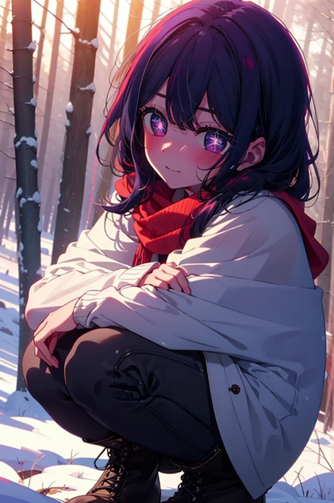 aihoshino, ai hoshino, Long Hair, bangs, (Purple eyes:1.1), Purple Hair, (Symbol-shaped pupil:1.5), smile,,smile,blush,White Breath,
Open your mouth,snow,Ground bonfire, Outdoor, boots, snowing, From the side, wood, suitcase, Cape, Blurred, , forest, White handbag, nature, Squat, Mouth closed, Cape, winter, Written boundary depth, Black shoes, red Cape break looking at viewer, Upper Body, whole body, break Outdoor, forest, nature, break (masterpiece:1.2), Highest quality, High resolution, unity 8k wallpaper, (shape:0.8), (Beautiful and beautiful eyes:1.6), Highly detailed face, Perfect lighting, Extremely detailed CG, (Perfect hands, Perfect Anatomy),