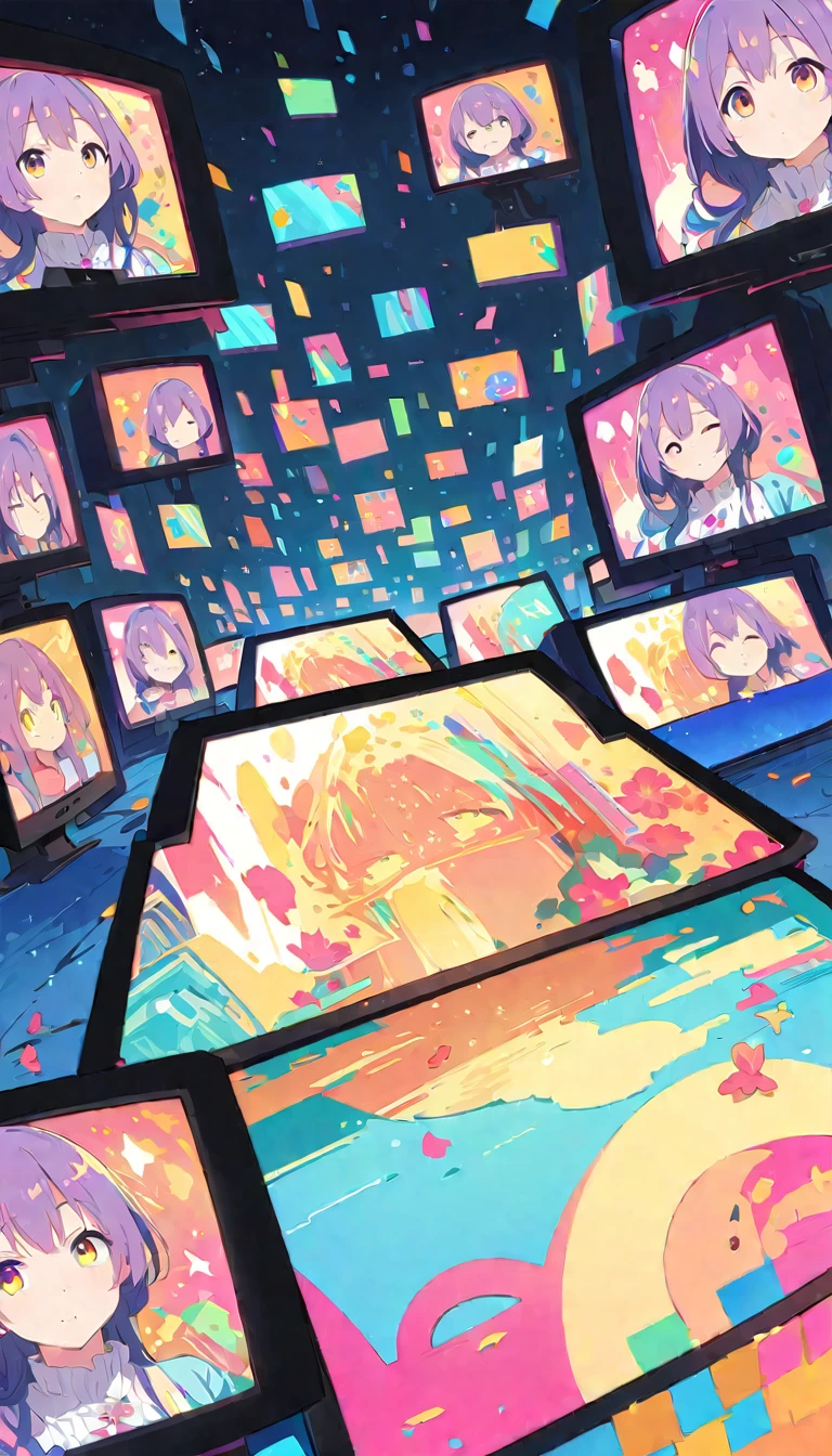 anime style, Ultra-fine illustrations, highly detailed, Dynamic Angle, beautiful detailed, 8k, In front of many CRT TVs, break various programs are being broadcasted. A woman stares at them, break smiling amidst the colorful scenes.(Highest quality、masterpiece、High resolution、detailed)animeスタイル、Flat Style、(Shining Eyes、detailed美しい顔),  break,Dynamic Angle、anime