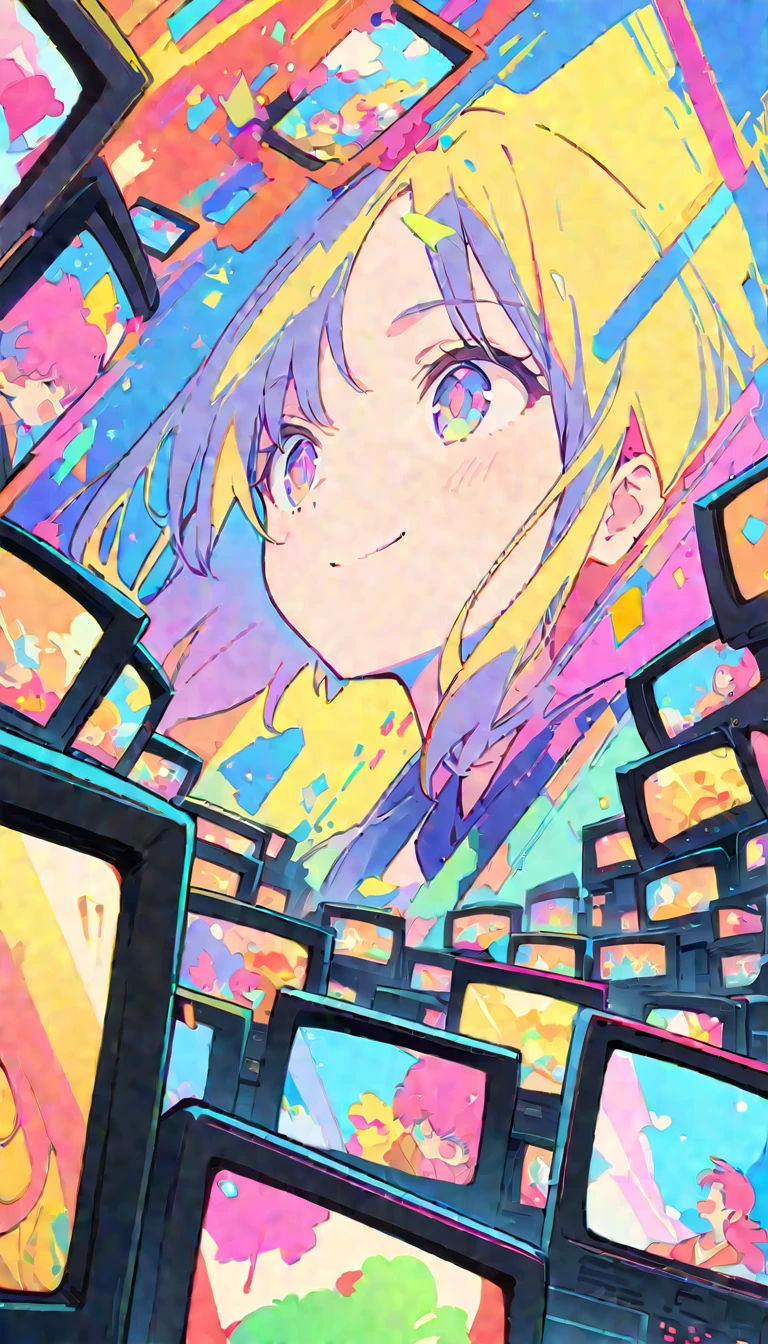 anime style, Ultra-fine illustrations, highly detailed, Dynamic Angle, beautiful detailed, 8k, In front of many CRT TVs, break various programs are being broadcasted. A woman stares at them, break smiling amidst the colorful scenes.(Highest quality、masterpiece、High resolution、detailed)animeスタイル、Flat Style、(Shining Eyes、detailed美しい顔),  break,Dynamic Angle、anime