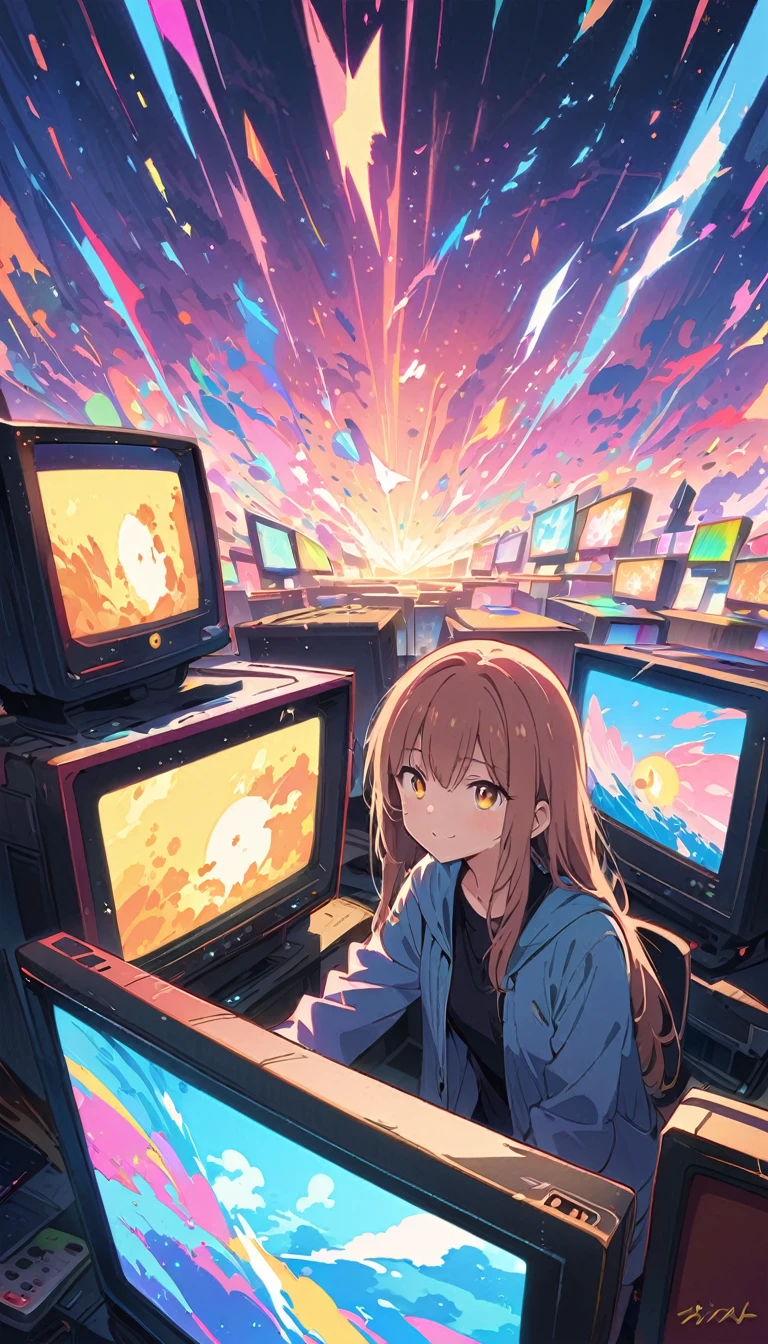 anime style, Ultra-fine illustrations, highly detailed, Dynamic Angle, beautiful detailed, 8k, In front of many CRT TVs, break various programs are being broadcasted. A woman stares at them, break smiling amidst the colorful scenes.(Highest quality、masterpiece、High resolution、detailed)animeスタイル、Flat Style、(Shining Eyes、detailed美しい顔),  break,Dynamic Angle、anime