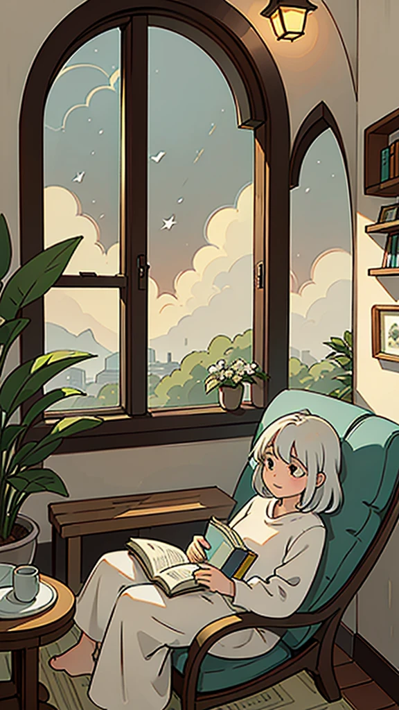 Imagine a serene reading nook nestled in a cozy corner of a bright, airy room. The space is bathed in natural light streaming through a large, arched window that offers a picturesque view of the lush greenery outside. The walls and built-in shelves are painted a soft white, creating a clean and calming atmosphere. A comfortable, cushioned bench seat, adorned with an assortment of patterned throw pillows, invites you to relax and lose yourself in a good book. The shelves are thoughtfully arranged with a mix of decorative plates and books, adding a touch of charm and character to the space. A small wall-mounted lamp provides additional light for those late-night reading sessions. This inviting alcove is the perfect blend of comfort and elegance, making it an ideal spot to unwind and escape into your favorite stories.