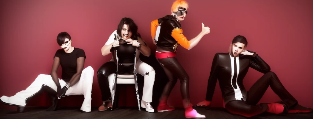 candid photo of a male heavy metal glam rock singers in colorful leather clothing with rivets and rhinestones are posing before the camera. --style raw --s 0 --ar 10:16 --v 6.0