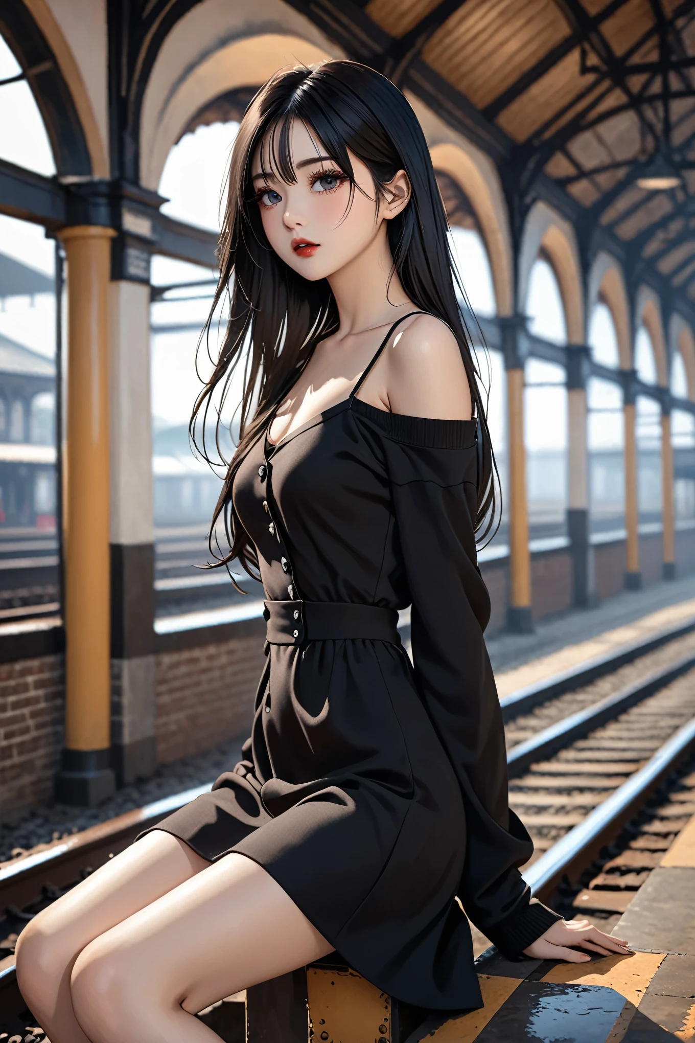 1 girl,cute and pretty face,Long straight black hair,Long bangs covering eyes,long eyelashes,(Fine eyes),small eyes,(half-closed eyes),(Dark lipstick),(Dark eyeshadow),Slim body,Slender limbs,beautiful legs,Black spaghetti strap dress,Dark knitted buttoned oversized long sleeve jacket,Inside an old railway station,Look into the distance,Depth of Field,Ultra-detailed faces,very beautiful face,Extremely high quality skin,