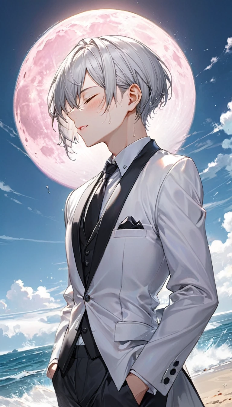 (profile:2), (love style) ((16 yo)), (solo:2 crew cut silver hair very short hair divine cool boy, serious closed eyes, sweaty skin), break, (in a butler suit), break, (in the open ocean view beach), (background detailed biggest pink moon), BREAK, perfect anatomy, masterpiece, best quality, 16k, beautiful detailed grow, daydreaming expression.