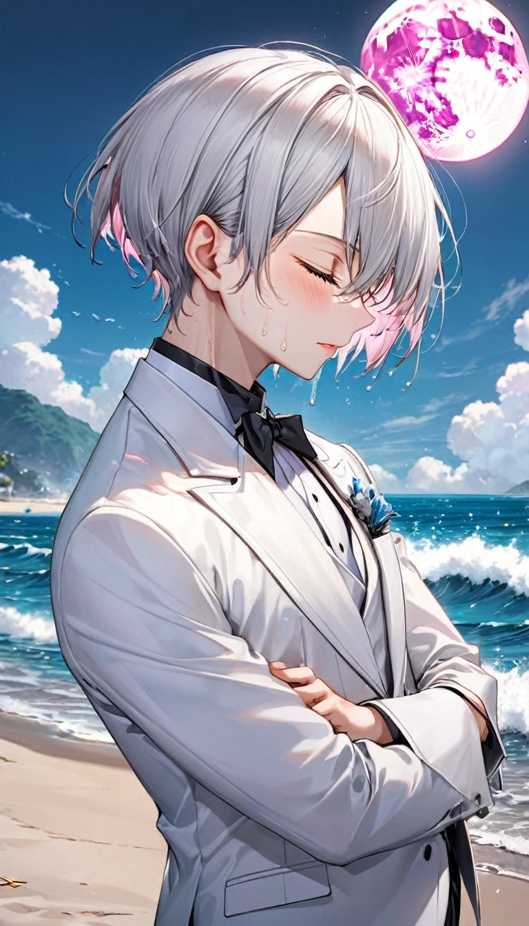 (profile:2), (love style) ((16 yo)), (solo:2 crew cut silver hair very short hair divine cool boy, serious closed eyes, sweaty skin), break, (in a butler suit), break, (in the open ocean view beach), (background detailed biggest pink moon), BREAK, perfect anatomy, masterpiece, best quality, 16k, beautiful detailed grow, daydreaming expression.