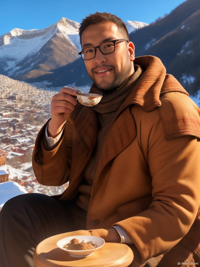 An award-winning original photo，a handsome 38-year-old man, crew cut, (((full body))), (((landscape))), mature man, [slightly fat], asian man, brown eyes, rounded face, glasses, slightly balding, 1boy, Solo, (big shoulders), (((stubbles, Short beard))), (((full beard))), (Beautiful eyes:1.3), (Detailed face:1.3), wearing glasses, Dynamic Angle, volumetric lighting, (Best quality, A high resolution, Photorealistic), Cinematic lighting, Masterpiece, RAW photo, Intricate details, (extremely detailed 8k wallpaper), masterpiece 16k photo, an European ancient town, very old men and women drinking tea, snow over the mountain far away, 3D, high quality image