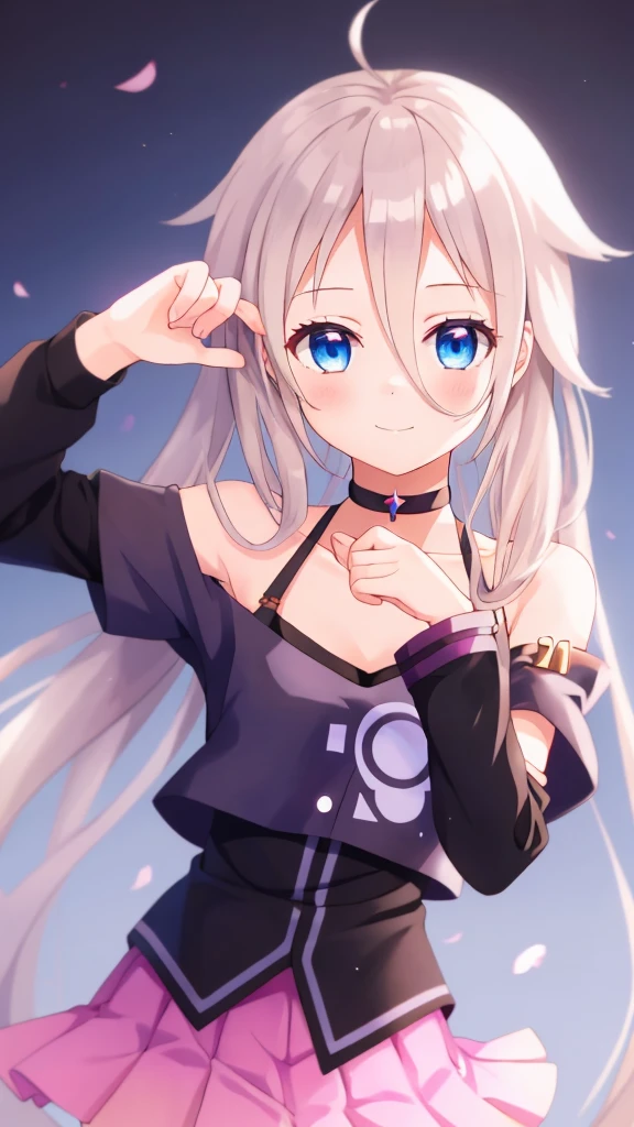 one girl, IA, vocaloid, skirt, black shirt, off shoulder, choker, beautiful, naive, upperbody, cute pose, happy