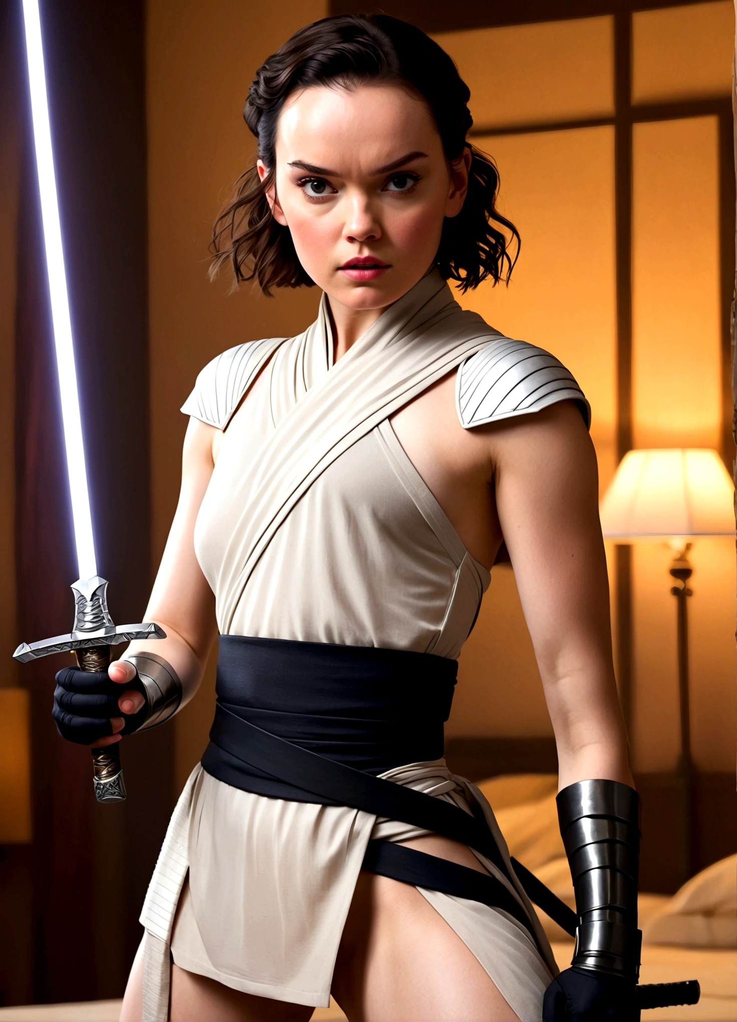 Daisy Ridley age 25, sexy ninja outfit (over exposed, safe for work), dramatic pose, ninja weapons, sneaking up on her target in his bedroom, show her entire body