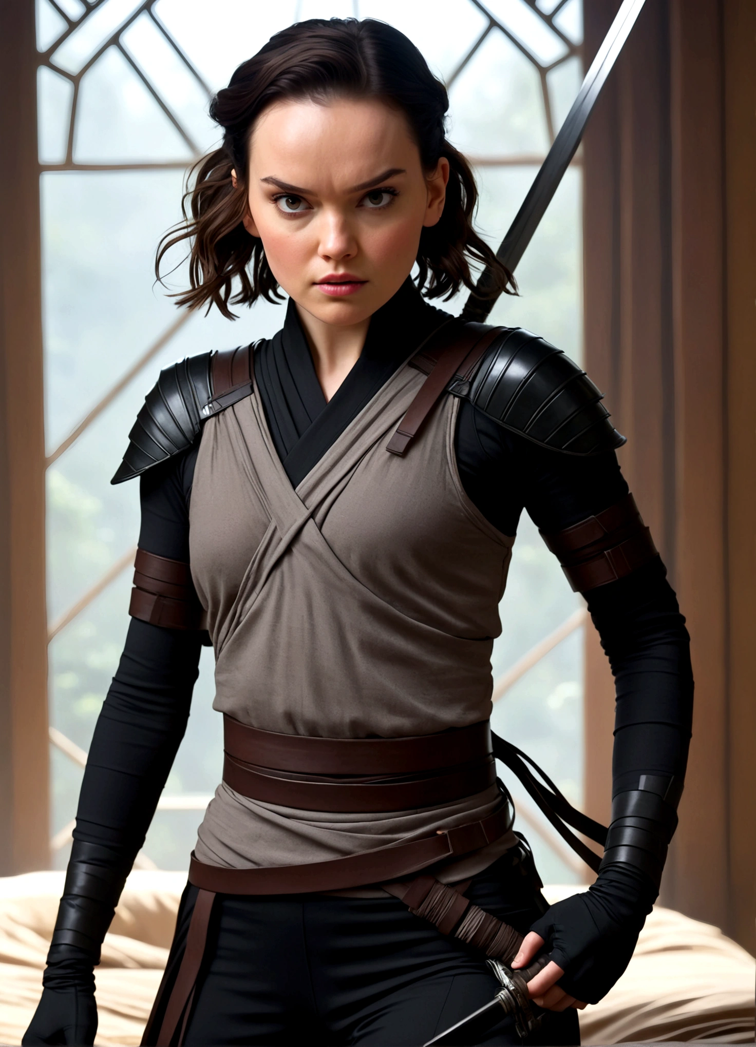 Daisy Ridley age 25, sexy ninja outfit (over exposed, safe for work), dramatic pose, ninja weapons, sneaking up on her target in his bedroom, show her entire body