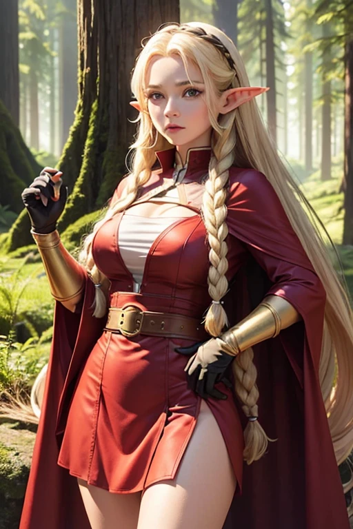 1female elf,long golden hair with two braids,olhos azuis, thin lips, rosto redondo,seios grandes com decote,wide hips wearing short red medieval tunic,gloves on hands and brown buccaneer boots,segurando uma espada rapieira fina e afiada,Female elf standing looking at viewer, redwood forest scenery(big trees in the background)