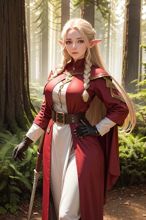 1female elf,long golden hair with two braids,olhos azuis, thin lips, rosto redondo,seios grandes com decote,wide hips wearing short red medieval tunic,gloves on hands and brown buccaneer boots,segurando uma espada rapieira fina e afiada,Female elf standing looking at viewer, redwood forest scenery(big trees in the background)