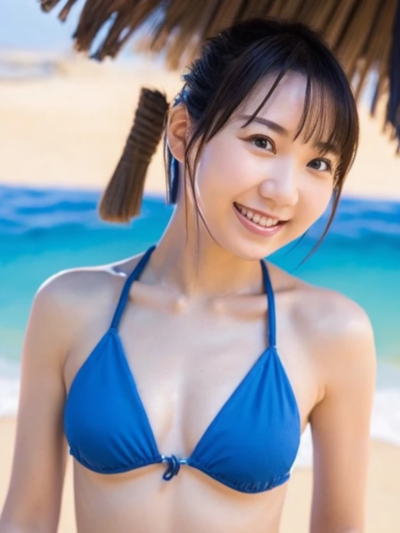 1girl, flat chest, slender body, short hair, cute, blue bikini, smile, looking at viewer, beach, realistic, detailed face, cowboy shot, ((masterpiece)), ((best quality)), ((ultra detailed))