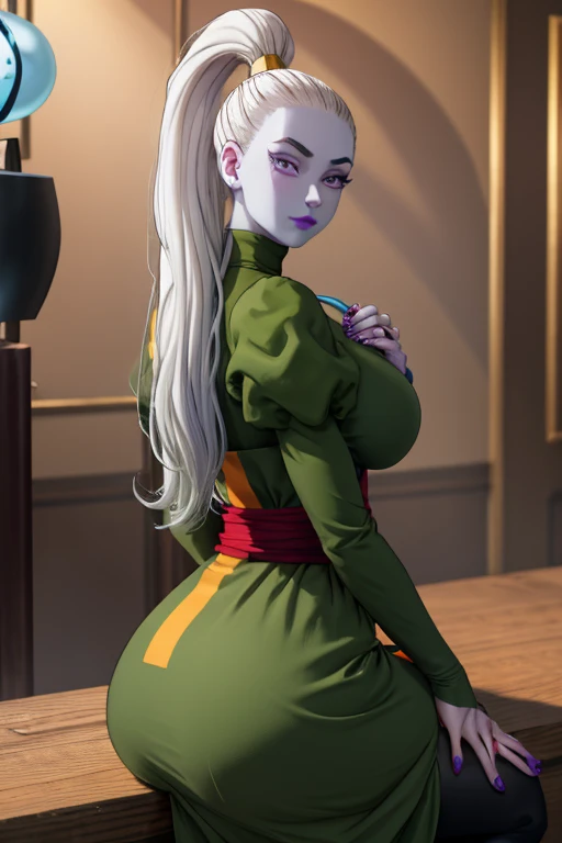 Dress_DragonBallSuper_Vados_ownwaifu, 
1girl, blue skin, white hair, hair pulled back, high ponytail, purple eyes, colored skin, alien, long hair, very long hair, lipstick, makeup, purple lips, breasts, large breasts, large ass,eyelashes,  jewelry, purple nails,
puffy sleeves, long sleeves, dress, juliet sleeves, sash, green skirt,  puffy long sleeves, turtleneck,
((masterpiece)),((best quality)),(highres, absurdres), original, bokeh, depth_of_field, scenery, spotlight, focused, looking at viewer, solo, cowboy shot,,sits,18+,own hands together,heart hands