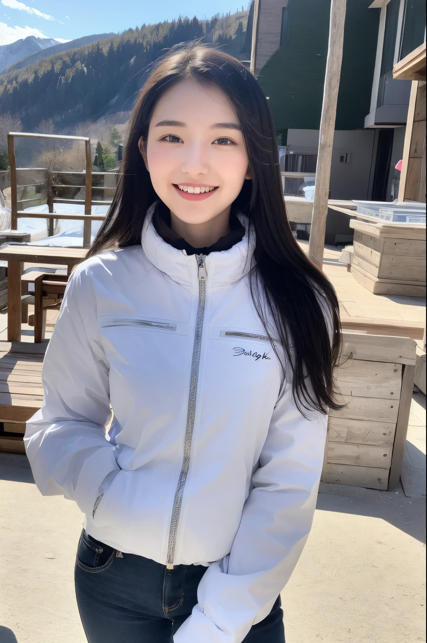 22-year-old girl, with gray eyes, pale white skin, slim figure, smiling, black hair, fashionable, photo taken with an ultra-realistic professional camera, she is on a ski mountain