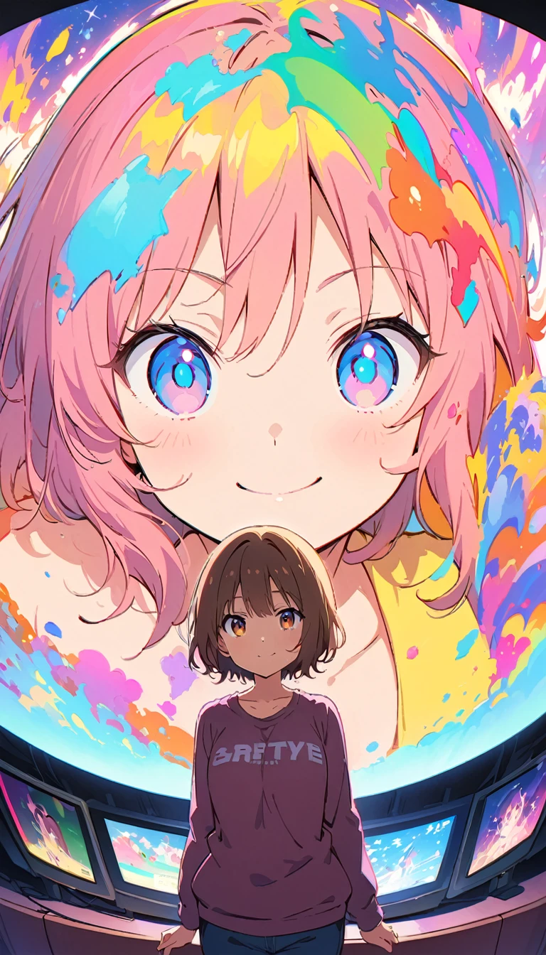 anime style, Ultra-fine illustrations, highly detailed, Dynamic Angle, beautiful detailed, 8k, In front of many CRT TVs, break various programs are being broadcasted. A woman stares at them, break smiling amidst the colorful scenes.(Highest quality、masterpiece、High resolution、detailed)animeスタイル、Flat Style、(Shining Eyes、detailed美しい顔),  break,Dynamic Angle、anime