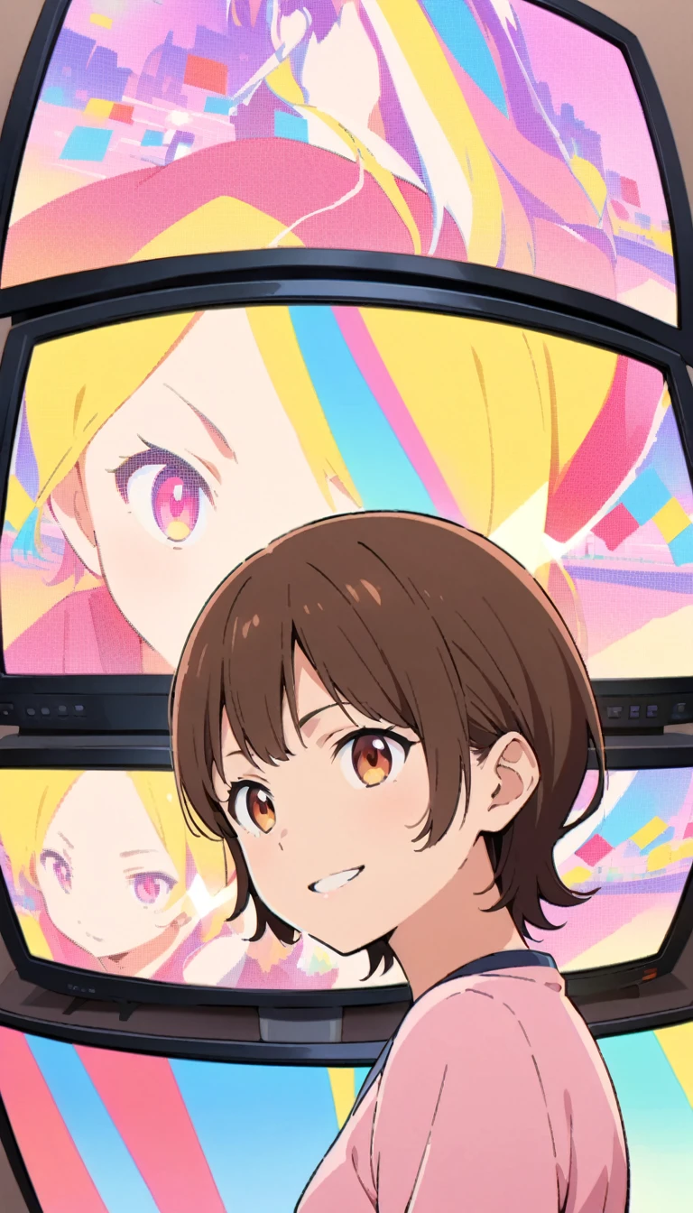 anime style, Ultra-fine illustrations, highly detailed, Dynamic Angle, beautiful detailed, 8k, In front of many CRT TVs, break various programs are being broadcasted. A woman stares at them, break smiling amidst the colorful scenes.(Highest quality、masterpiece、High resolution、detailed)animeスタイル、Flat Style、(Shining Eyes、detailed美しい顔),  break,Dynamic Angle、anime