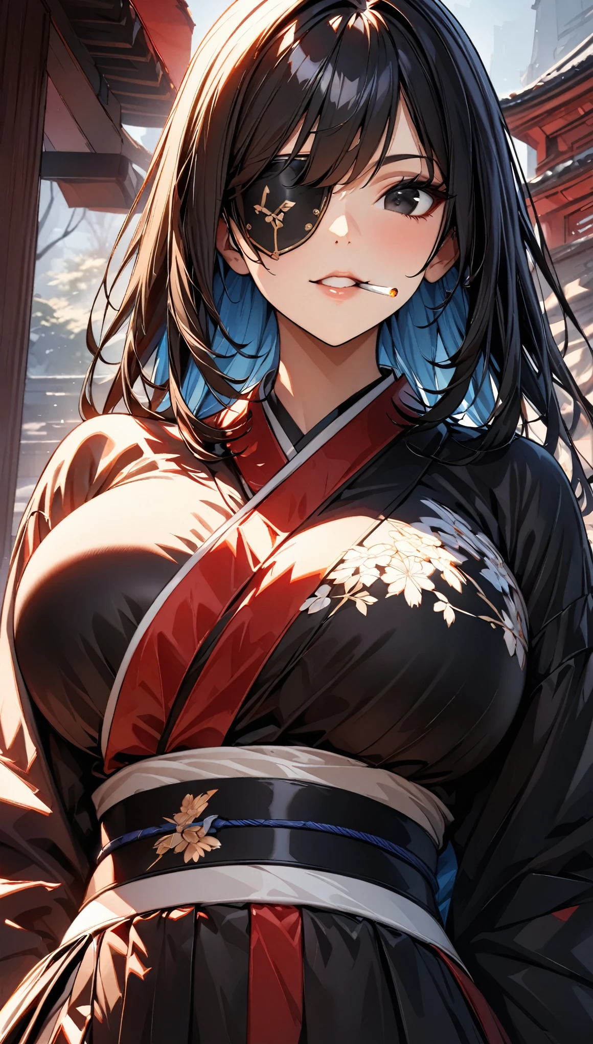 (Highest quality:1.2, Very detailed, up to date, Vibrant, Ultra-high resolution, High Contrast, Super Detail, masterpiece:1.2, Highest quality, Best aesthetics), (((1 girl))), Beautiful woman, (A face tinged with joy:1.2), Big Breasts, (Large Breasts), Sexy Japanese clothing, color, Detailed skin texture, Detailed cloth texture, Detailed face, Detail Eye, (((Hold a cigarette:1.2, Black eyepatch))),