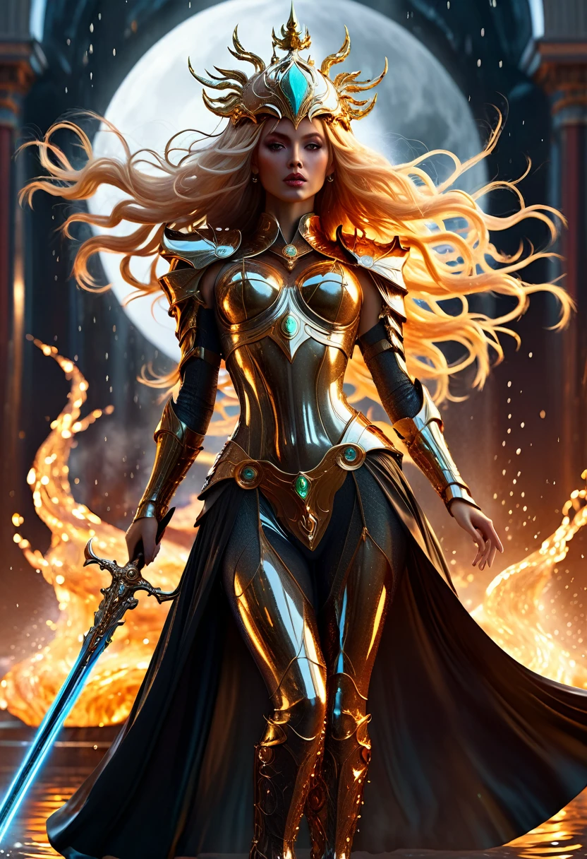 a tall lady warrior in perfect body proportion, perfect face, perfect body, futuristic royal regalia, wet cloak, very long-golden hair, blowing hair, weapon-armor, google helmet, medusa head, one hand pointing the sky, high heels, chakra-golden rays surrounded, mystical aura, ethereal, fire element, death massive-flames in background, dark moon, unreal engine, cinema art photographic, cinematic motion picture, 8k, super detailed, bottom view, bottom camera angle