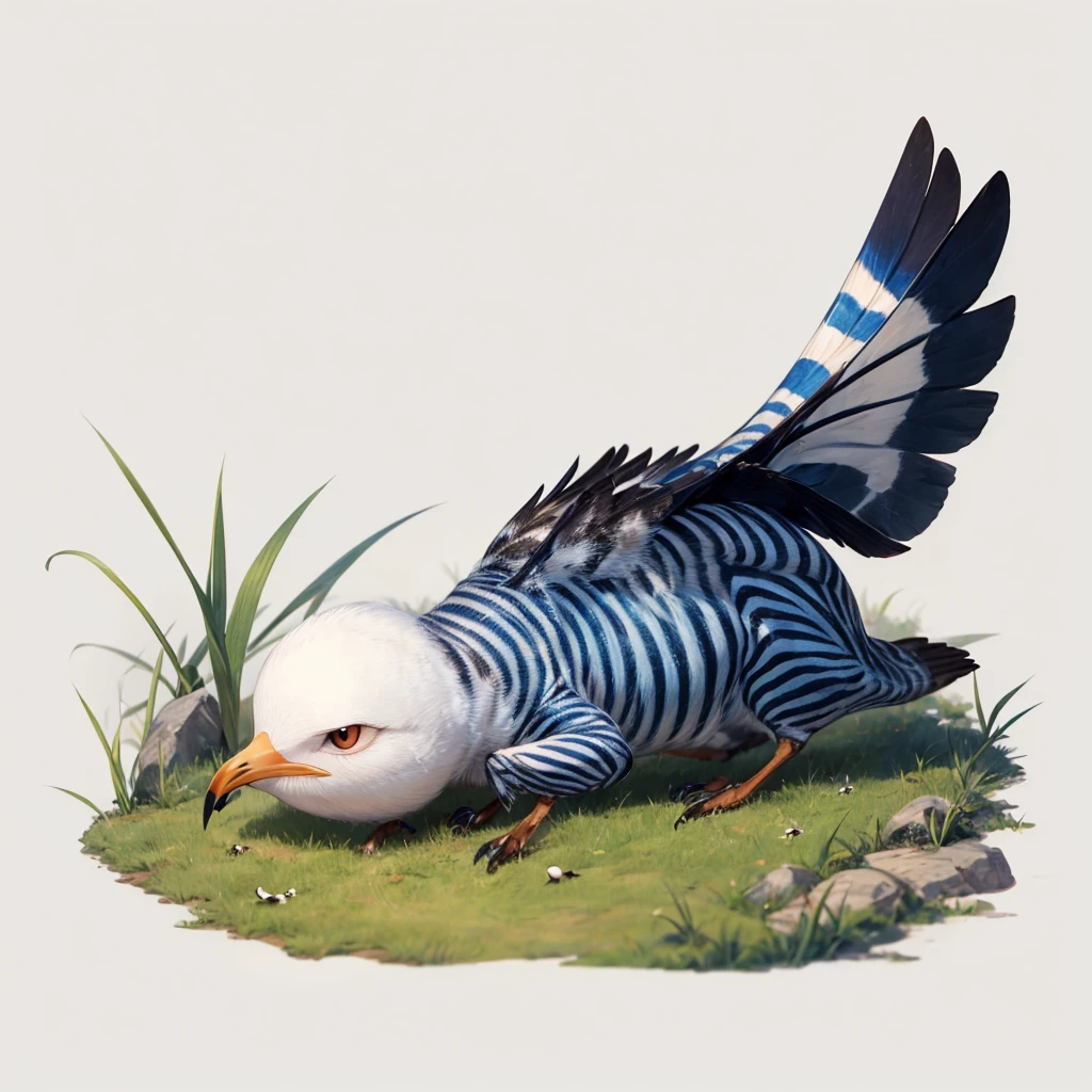 Small Animaly, has blue stripes on his skin, white eyes, seagull mixed with spider, Grassroots, no background