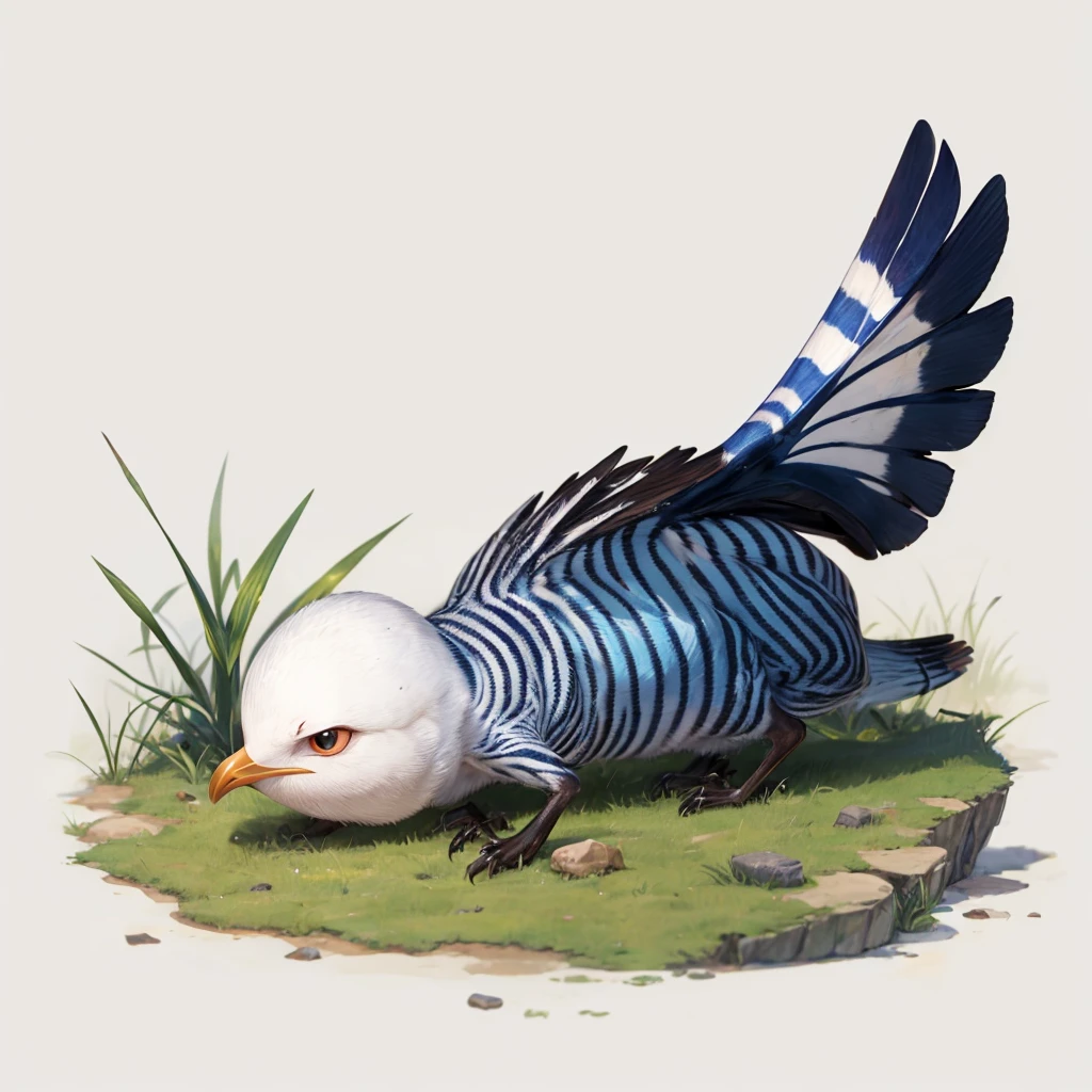 Small Animaly, has blue stripes on his skin, white eyes, seagull mixed with spider, Grassroots, no background