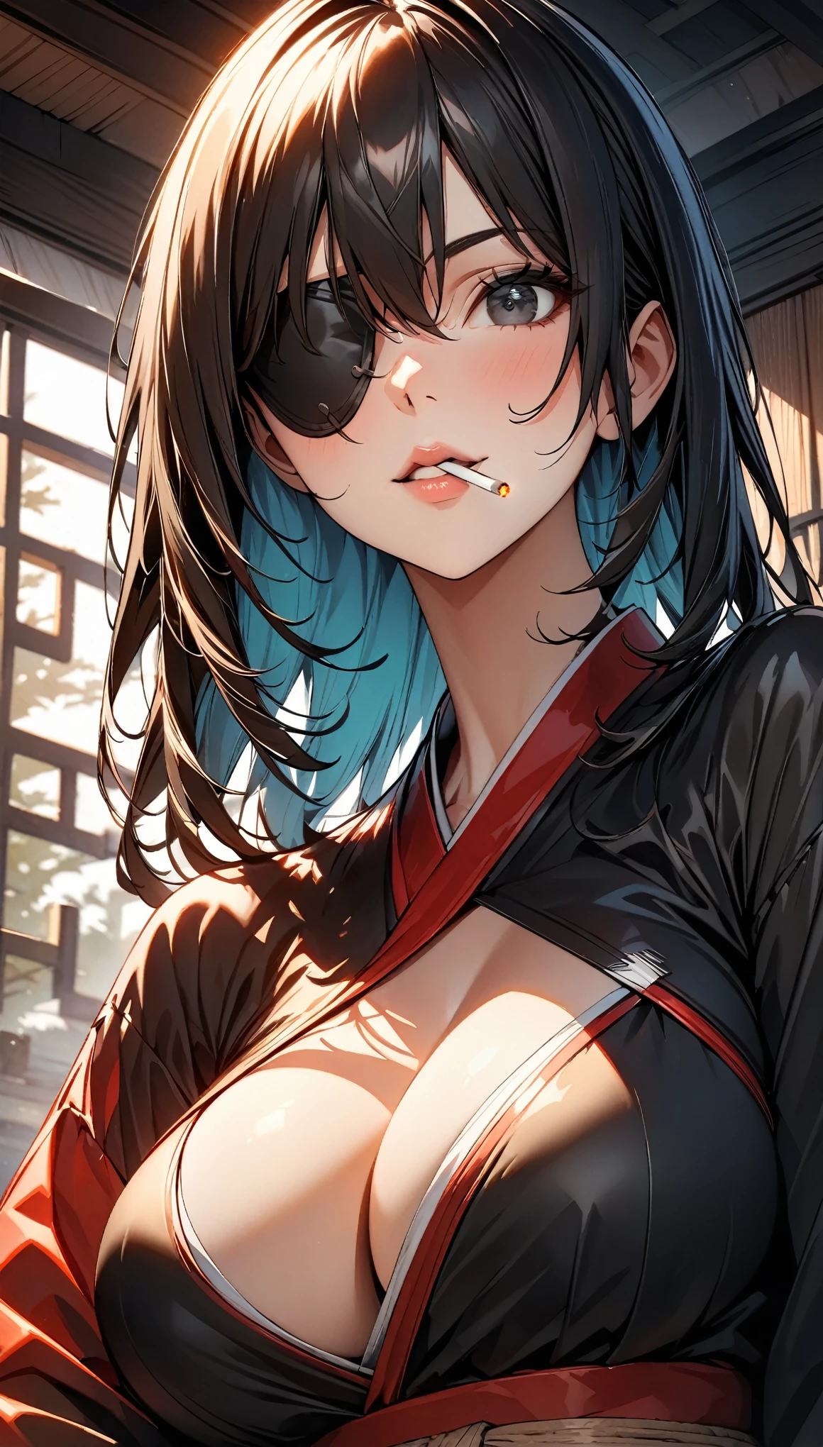 Best Quality,High resolution, Ultra-detailed,Game CG, Beautiful detailed eyes,NSFW,a beauty girl,Black hair, Long hair,Red ribbon ponytail, (Yellow eyes),fullnude,toppless,(Drunken eyes),BREAK,POV,1 boy, , breasts , Paizuri, It is located between the chests, on breast, Breast squeeze,