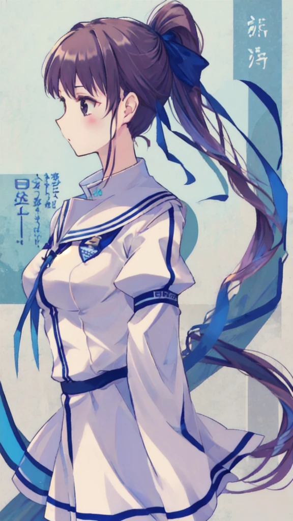 White Uniform、Blue ribbon、Adult women、、ponytail