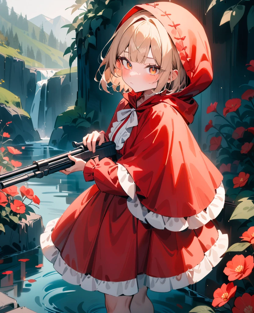 masterpiece, best quality, very aesthetic, absurdres, newest, 1girl, solo, looking at viewer, blush, short hair, blunt bangs, blonde hair, orange eyes, long sleeves, dress, holding, standing, closed mouth, weapon, flower, outdoors, hood, water, holding weapon , capelet, red skirt, red dress, hunting gun, plant, red flower, hood up, multicolored eyes, holding hunting gun, red capelet, little red riding hood \(grimm\)