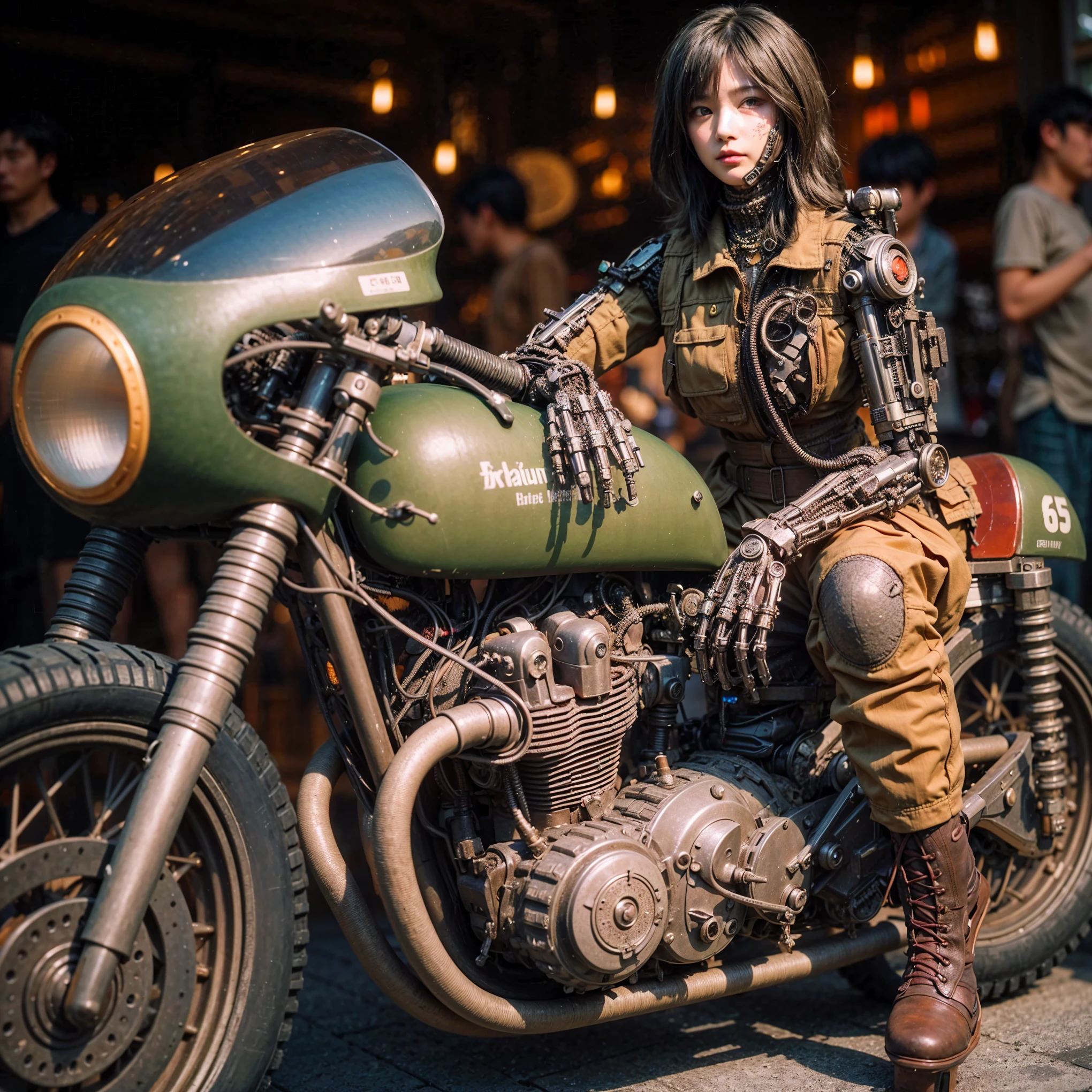 Dystopian night scene, very intricate details, Japanese woman wearing model-like armor, beautiful face, legs, cylinders that look like muscles, pose in motion, 8k, ultra high resolution, super realism, realistic photo, taken with Fuji film X-T30.+Nokton. HDR10