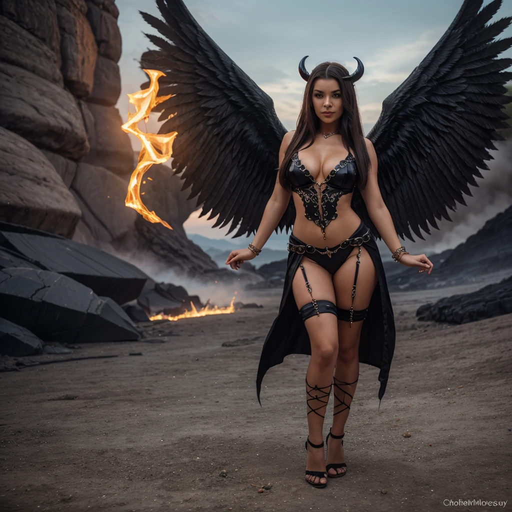 1girl in, 30 years old, Square face, Long hair, Looking at the viewer, jewelry, Realistic, Sexy, devil costume - with wings, hell gate - lava, full body free pose