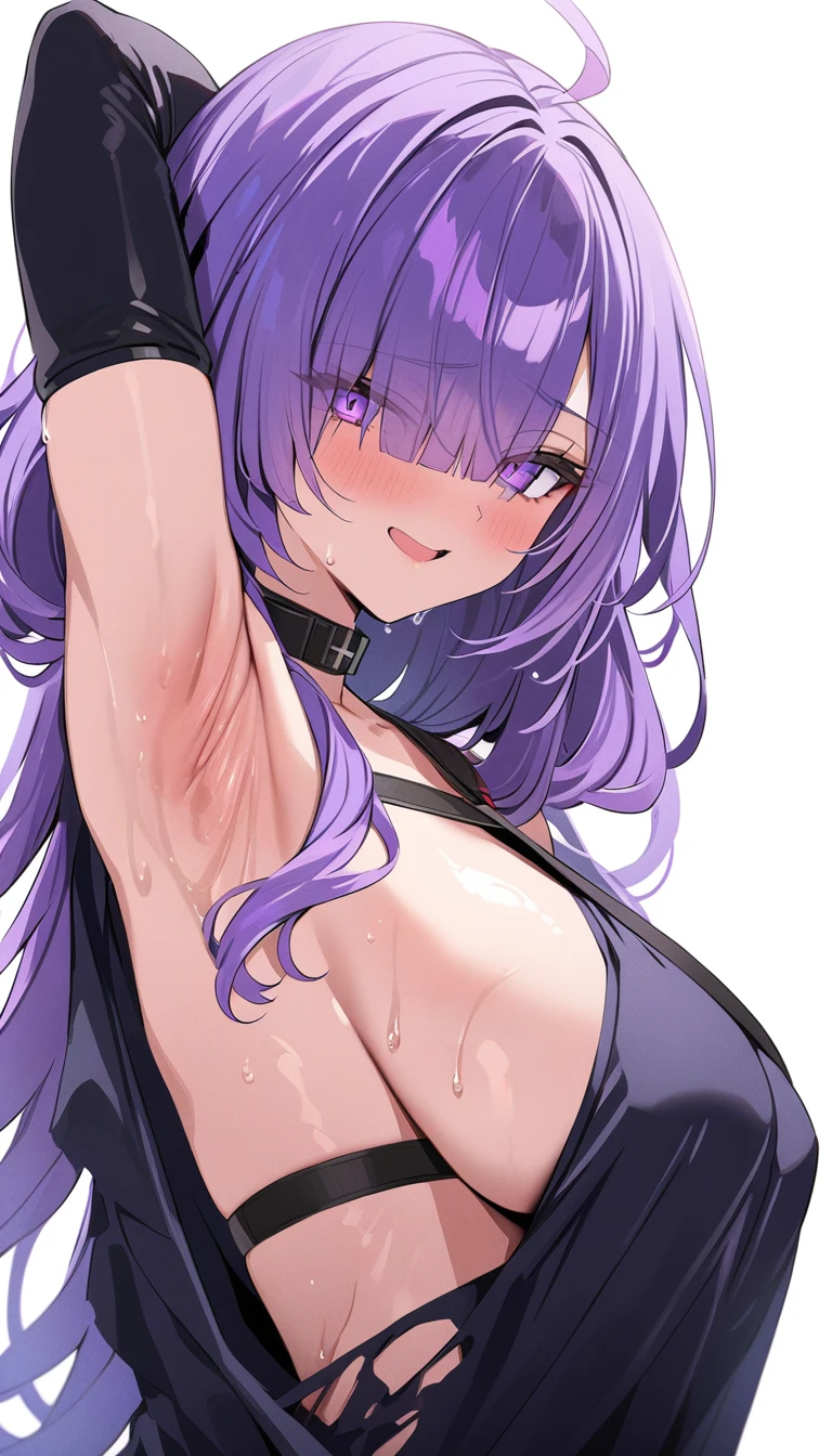 (masterpiece:1.2),hyper detail,best quality,(intricate_details:1.1),beautiful detailed,beautiful hair,pupil details,solo,1girl,ANIME COLORING,MOGADOR_\(AZUR LANE\),HAIR OVER ONE EYE,PURPLE HAIR,EYES VISIBLE THROUGH HAIR,MOLE,LONG HAIR,HAIR ORNAMENT,BLACK DRESS,BREAST STRAP,TORN CLOTHES,ELBOW GLOVES,COLLAR,blurry_background,sweating,greasy shoulder,from below,looking side,flipped hair,armpit,greasy armpit,from side,shoulder focus,((armpit focus)),bare shoulder,((upper body)),(sideboobs),((greasy armpit)),((smooth armpit)),((Pupil details)),backlighting,((hand behind head)),((Detailed armpit)),((elastic armpit)),((soft armpit)),pov,simple background,white background,looking at viewer,evil smile,blush,open mouth,steam body,