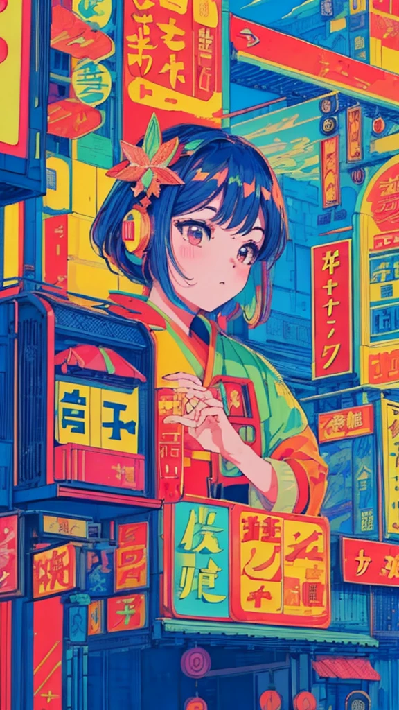 Highest quality, 4k wallpaper, masterpiece, Highly detailed CG Unity 8k wallpaper, Very fine grain, Super detailed, Intricate details, 中央に1peopleの幸せな女の子, Retro art style, neon_Pop Art Style, public, Outdoor, road signs, city, people々