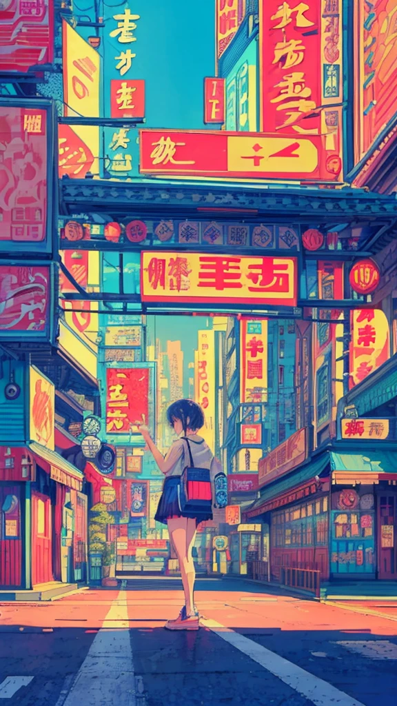 Highest quality, 4k wallpaper, masterpiece, Highly detailed CG Unity 8k wallpaper, Very fine grain, Super detailed, Intricate details, 中央に1peopleの幸せな女の子, Retro art style, neon_Pop Art Style,  public, Outdoor, road signs, city, people々