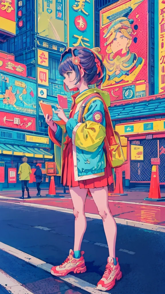 Highest quality, 4k wallpaper, masterpiece, Highly detailed CG Unity 8k wallpaper, Very fine grain, Super detailed, Intricate details, 中央に1peopleの幸せな女の子, Retro art style, neon_Pop Art Style, public, Outdoor, road signs, city, people々