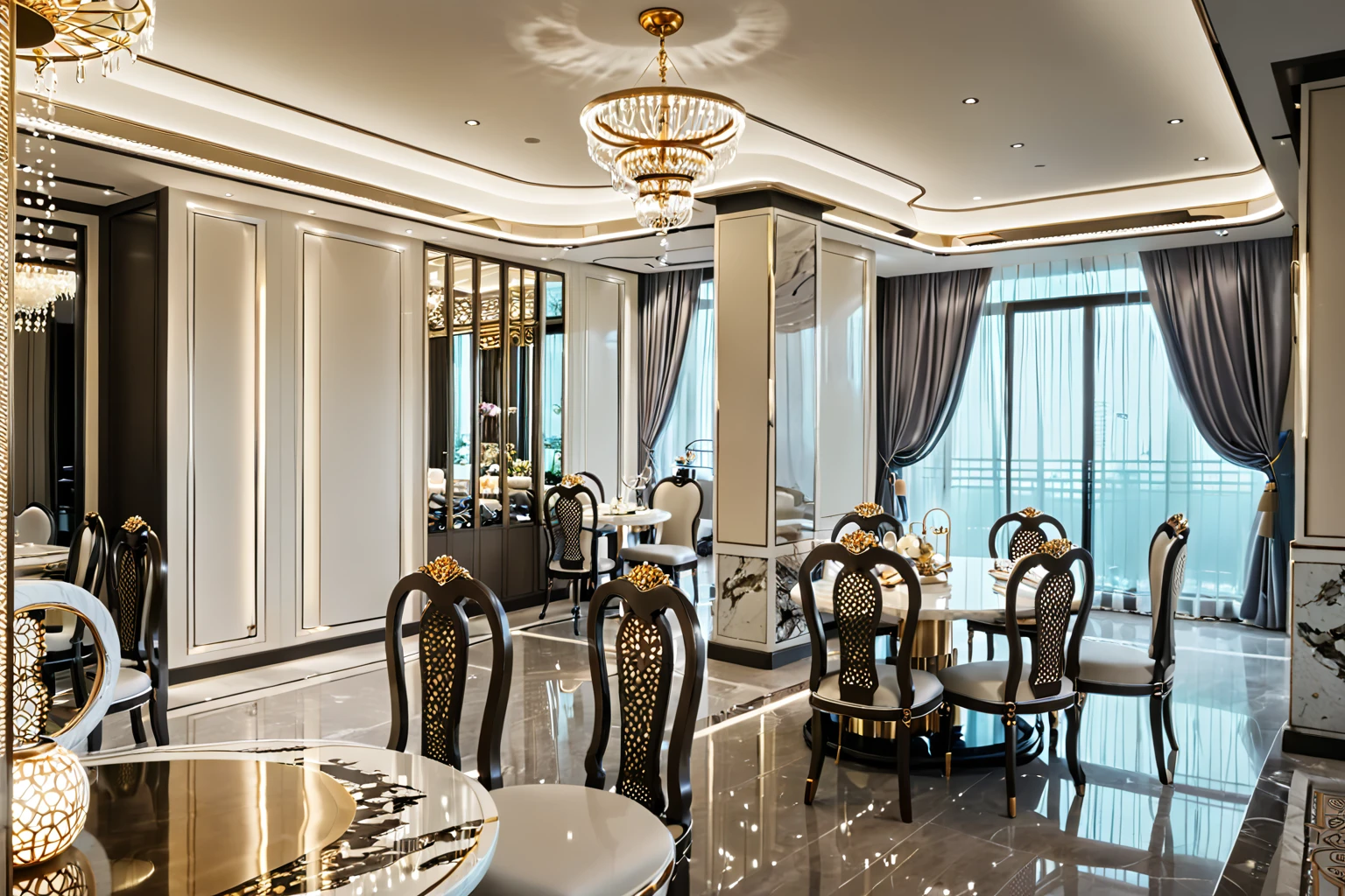 ,Masterpiece, Best quality,8K, Ultra-high resolution,When you step into the dinning room of restaurant room,Immediately surrounded by a rich atmosphere of luxury. It is so comfortable,So much so that you can't help but indulge in it。Embellished with precious porcelain and white-off gold ornaments。Whenever it is late afternoon,The afterglow from the window spilled on the floor,Soft light and shadow are reflected,It was as if entering a dreamland. ((Wooden chair and table : 1.3)), MIRROR COVER THE COLUMN
