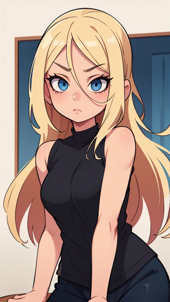 One blonde girl with shoulder length hair. Blue eyes in a black T-shirt Gorgeous eyelashes