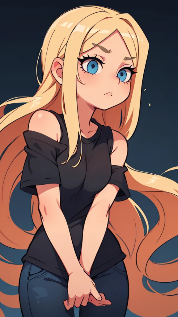 One blonde girl with shoulder length hair. Blue eyes in a black T-shirt Gorgeous eyelashes